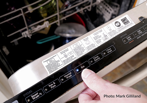 Hand clicking the Eco button on a dishwasher.