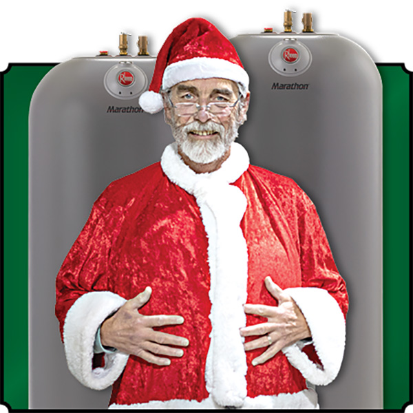 Santa standing in front of Marathon electric water heater.