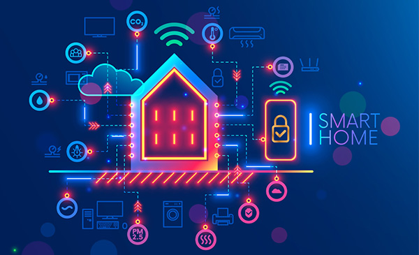 Illustration of smartphone controlling different household appliances including washing machine and printer.