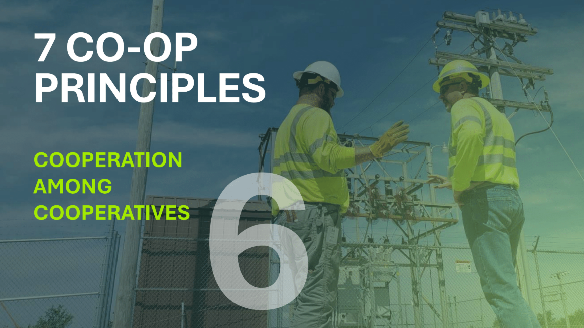 A photo background of two co-op linemen talking near an electric substation. The titles “ 7 Co-op Principles” and “Cooperation Among Cooperatives” overlay the image.