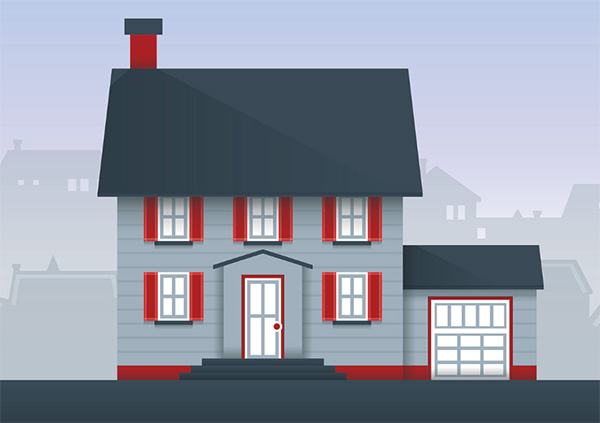 Illustration of a blue and red house.