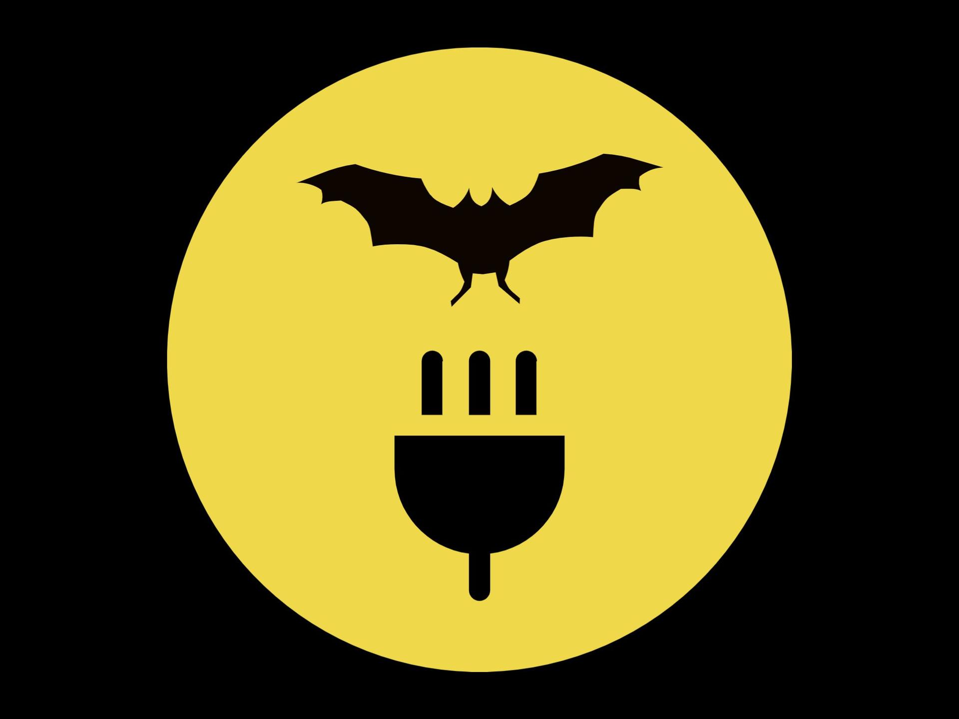 Graphic illustration of a yellow moon on a black background with a black shape of a bat and a power plug overlay.