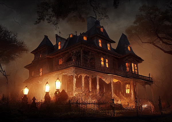Haunted mansion with lights on at night.