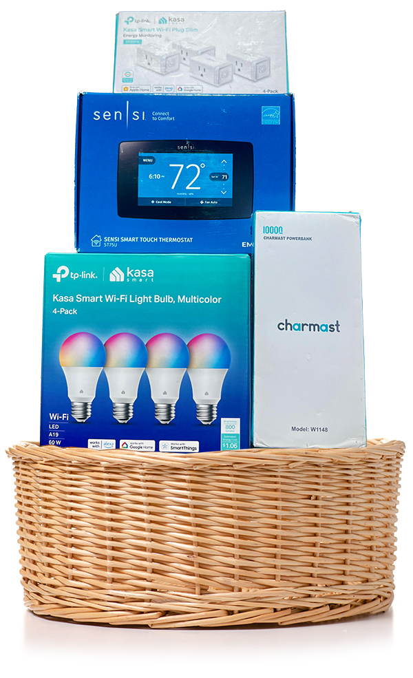 Smart bulbs, plugs, charger, and thermostat in a basket