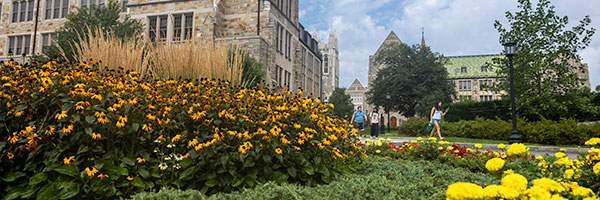 Campus scene with students walking