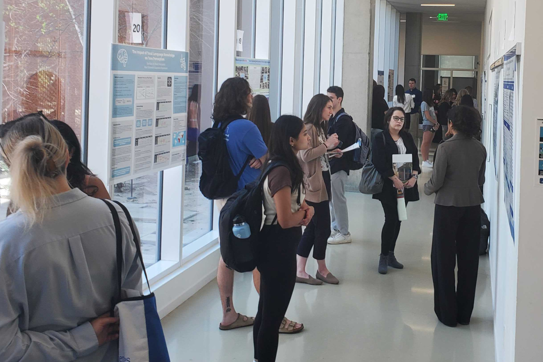 Students presenting posters in hallway