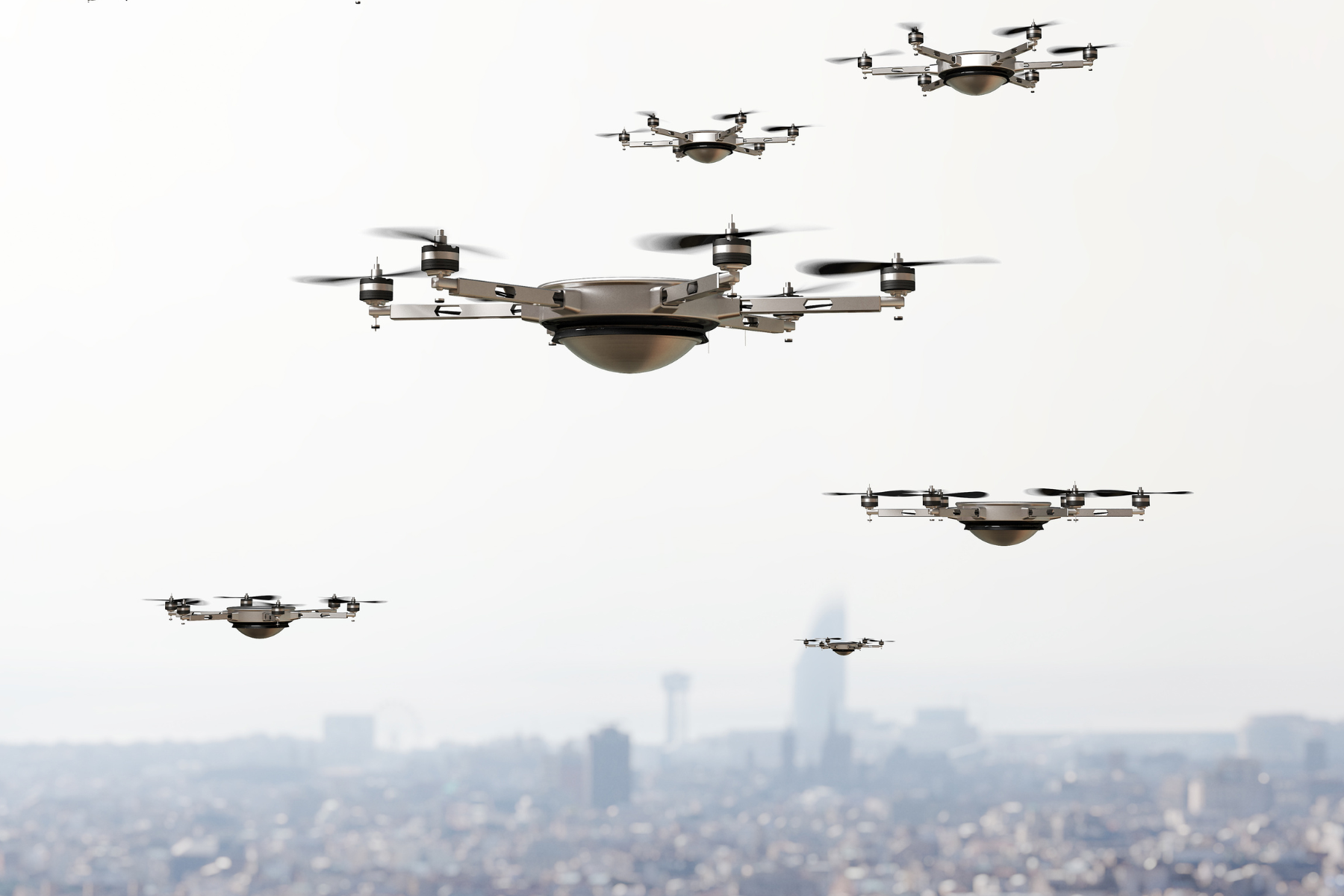 drones flying over city