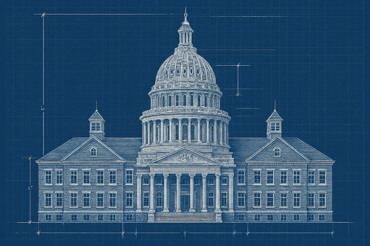 Blueprint of a school combined with a state capitol building