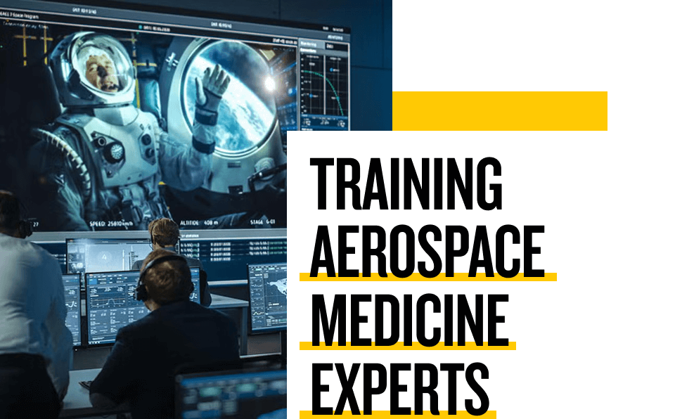 Photo of astronaut speaking to ground control - Text: Training Aerospace Medicine Experts
