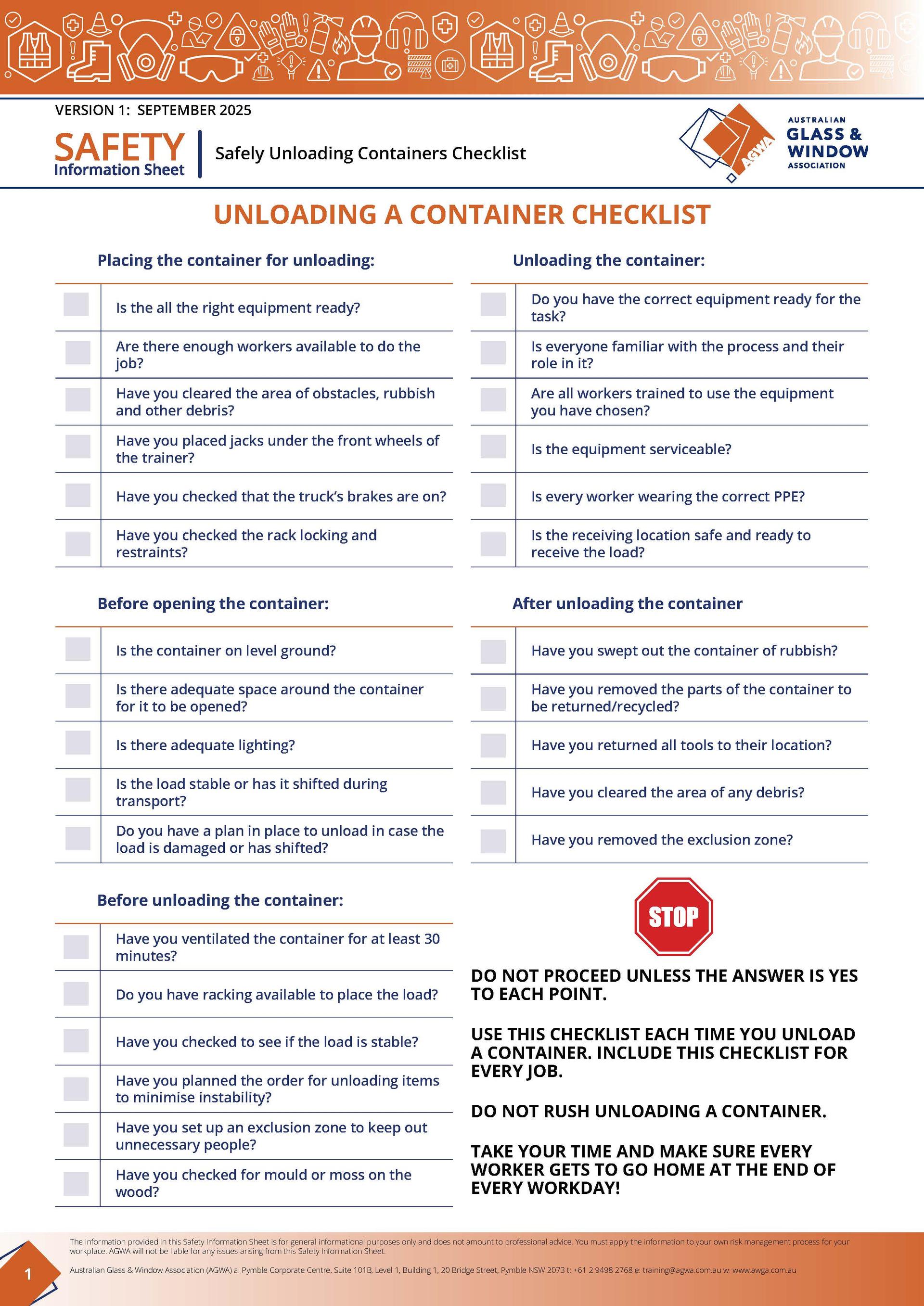 Container Unloading Check List AGWA Safety Information Sheet: Safely Unloading Containers