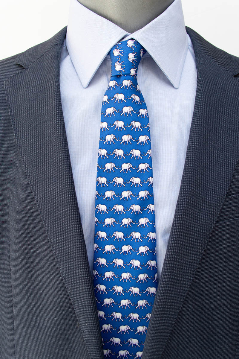 BRYN PARRY ELEPHANTS BLUE SILK TIE