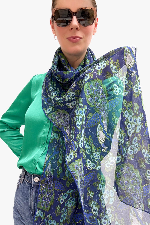 ART NOUVEAU PEACOCK & GRAPE CHIFFON SILK SCARF