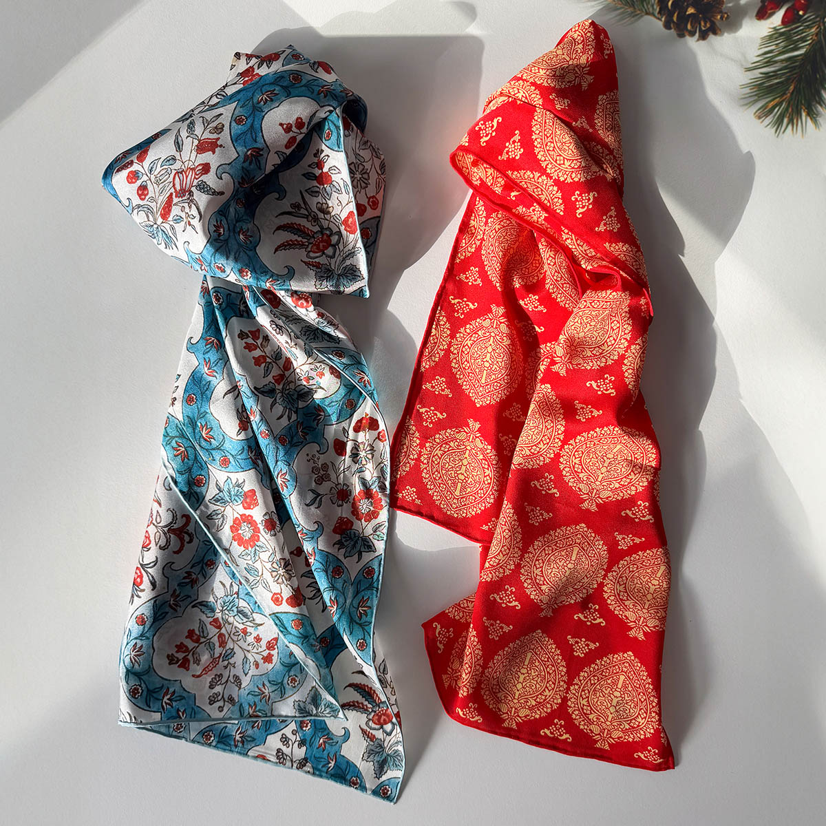 Indian Blue Floral silk habotai scarf & Red & Gold Islamic crêpe de chine silk scarf