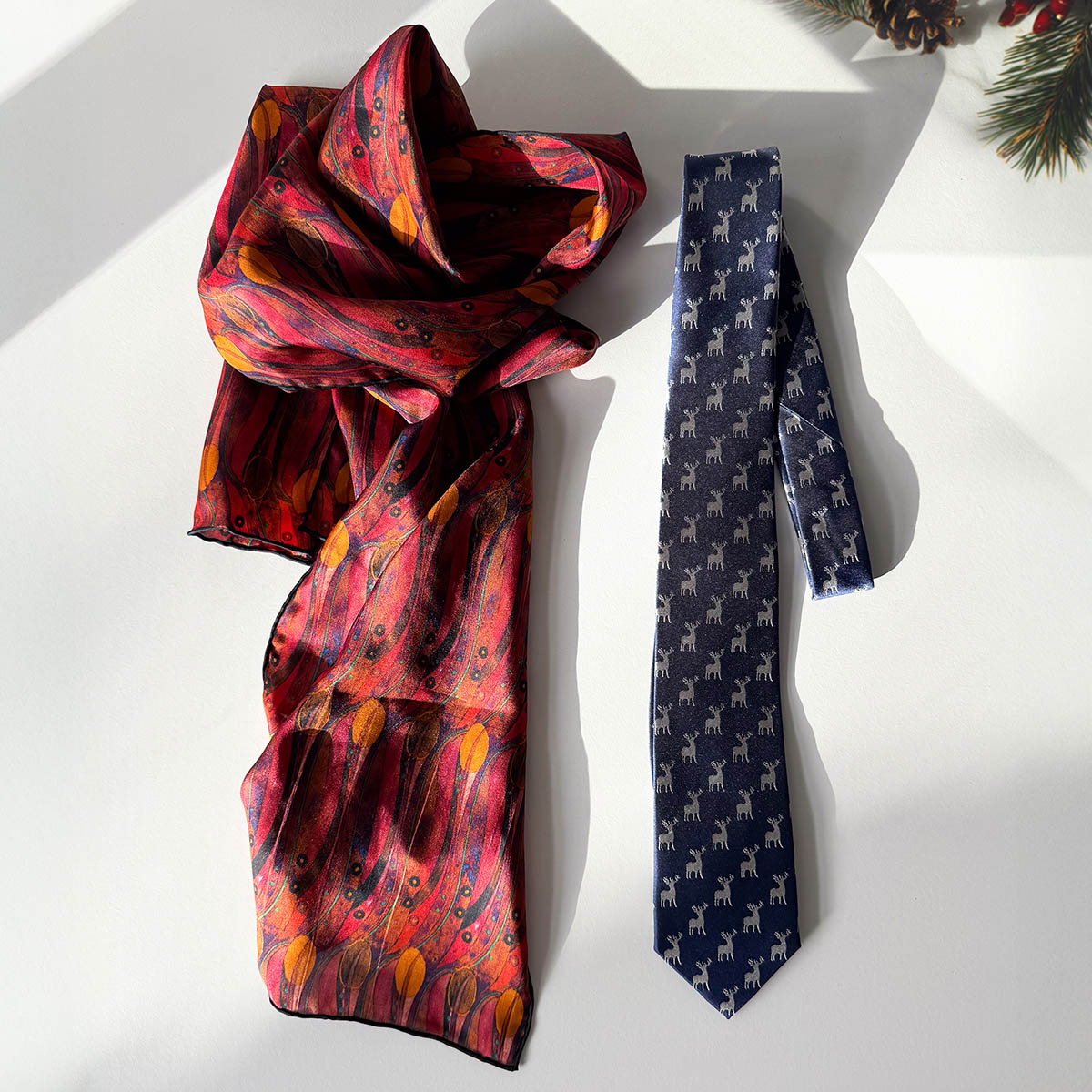 Mackintosh Tulips scarf habotai silk scarf & Stag Navy silk tie