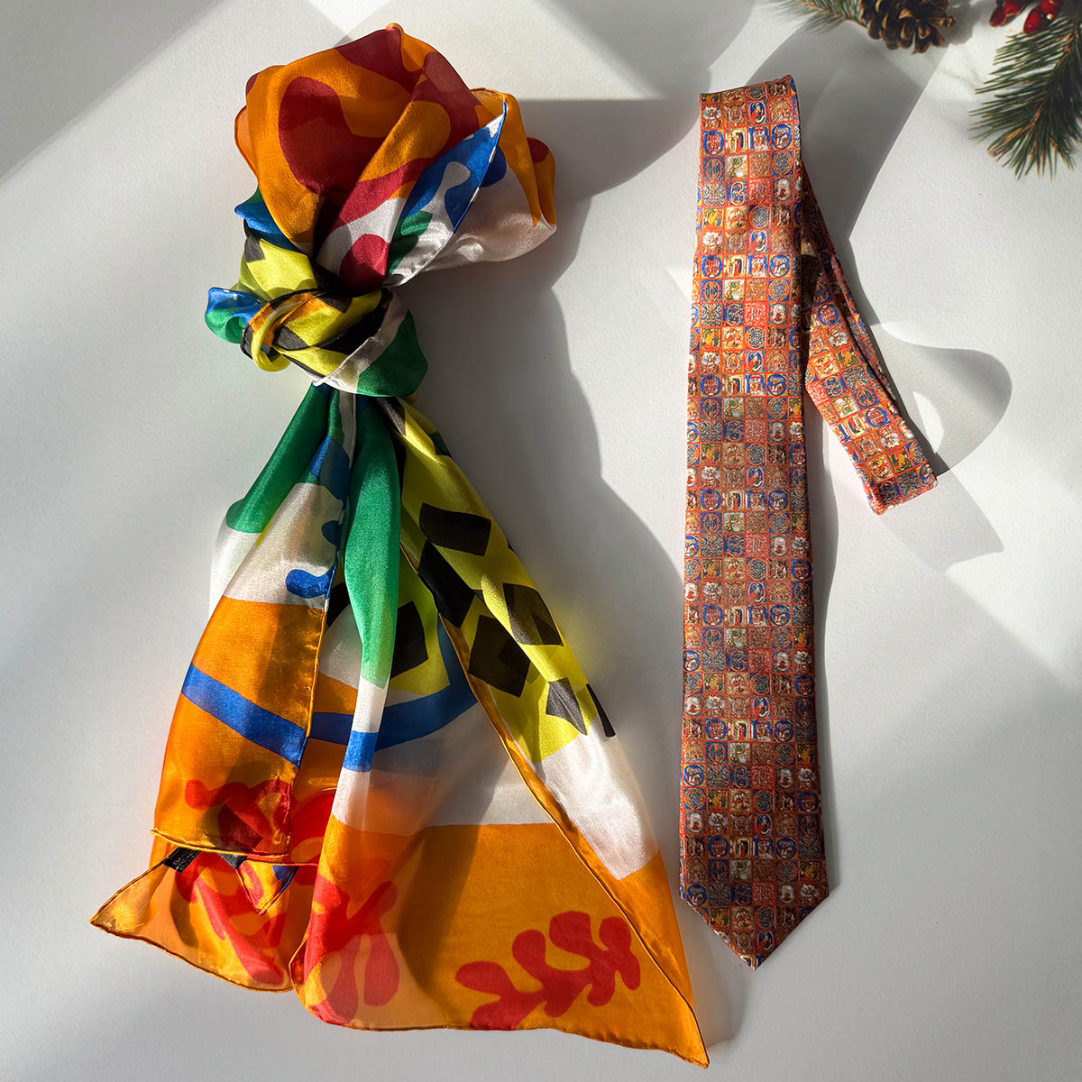 Matisse Orange large habotai scarf & Medieval Alphabet tie