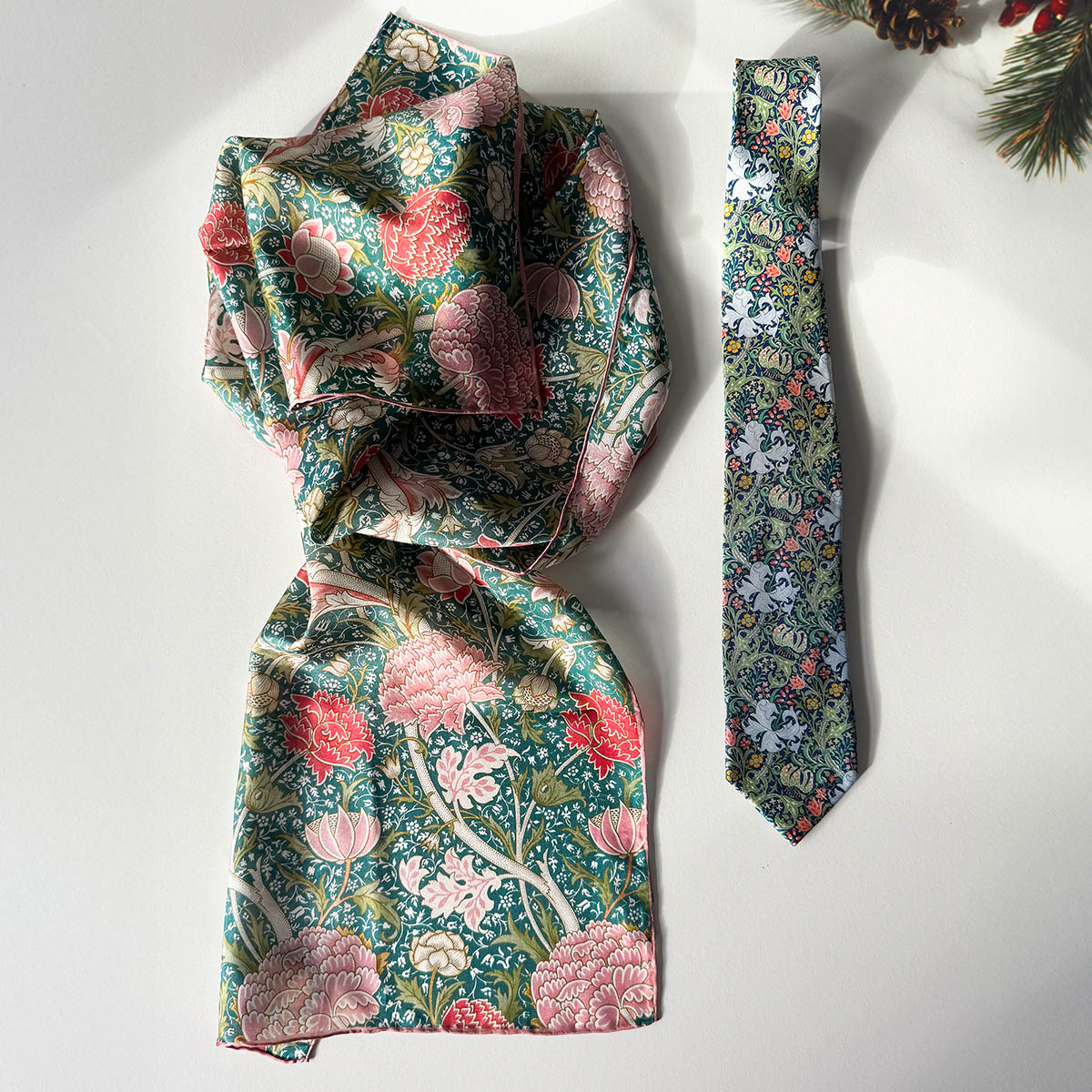Dearle Leicester silk scarf & Golden Lily Green tie