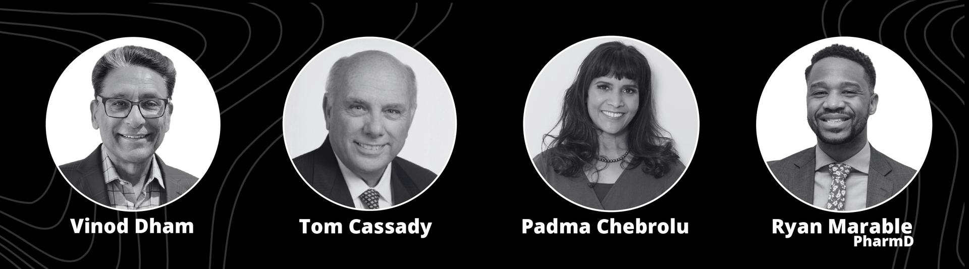 Alumni honoree headshots. Vinod Dham, Tom Cassady, Padma Chebrolu and Ryan Marable