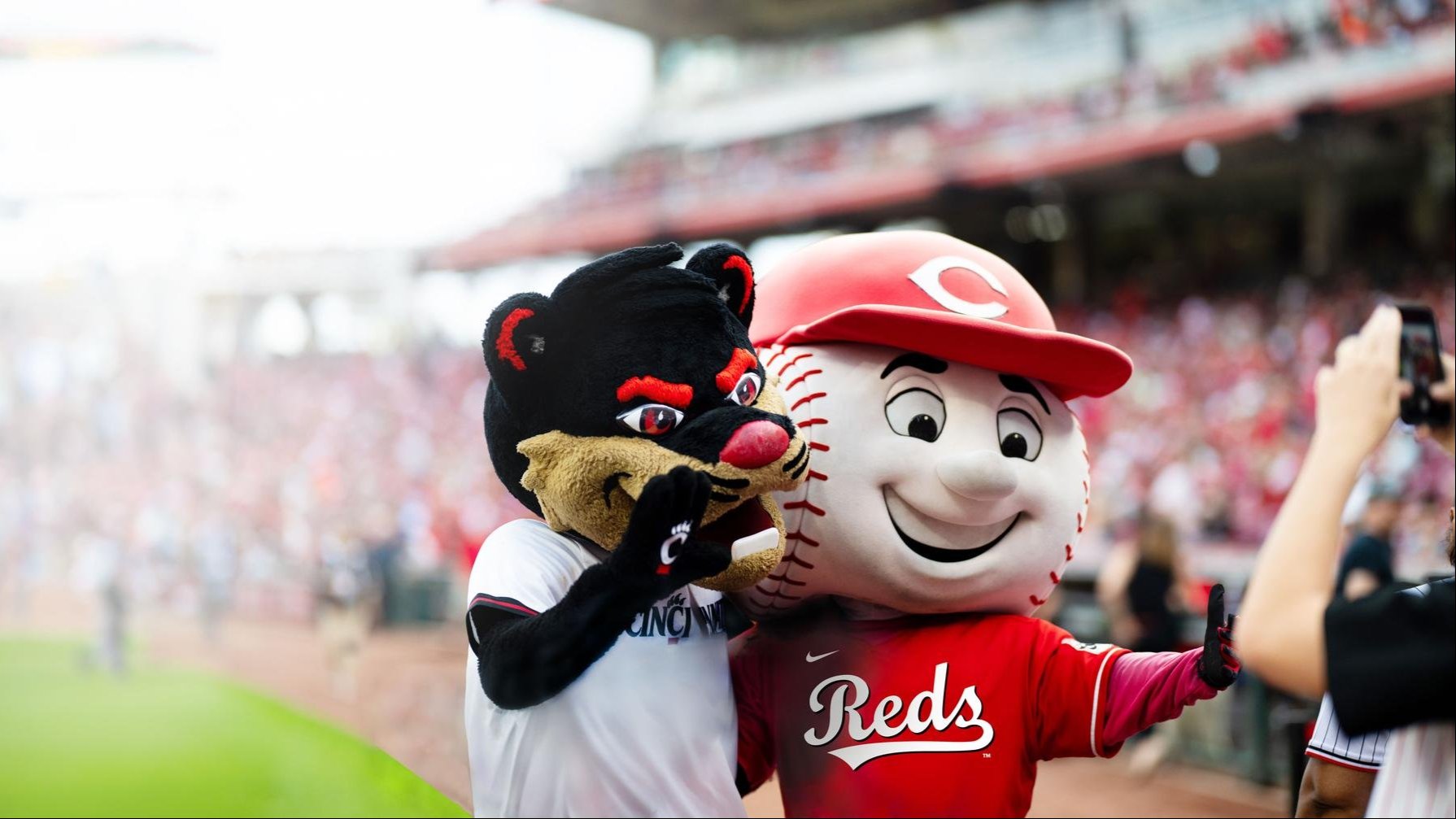 Bearcat and Mr. Red Smiling at Great American Ball Park