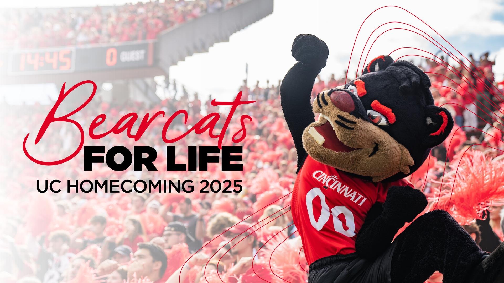 Bearcat in a crowd of fans at Nippert Stadium with Bearcats for Life UC Homecoming 2025 lockup