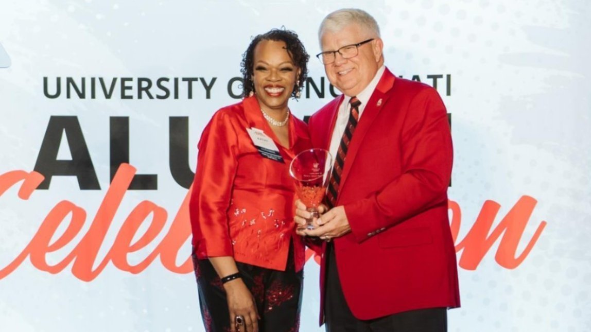 2024 honoree Kathy Wade accepting her award from Jerry Fritz