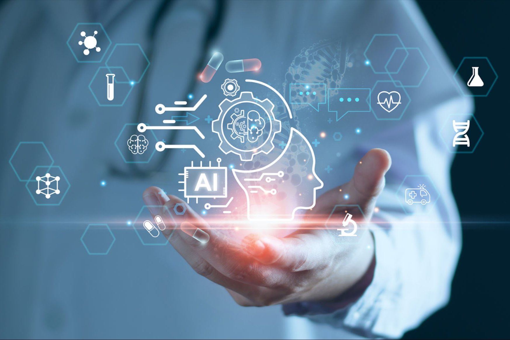 Image of man in scrubs with palm out and various scientific symbols