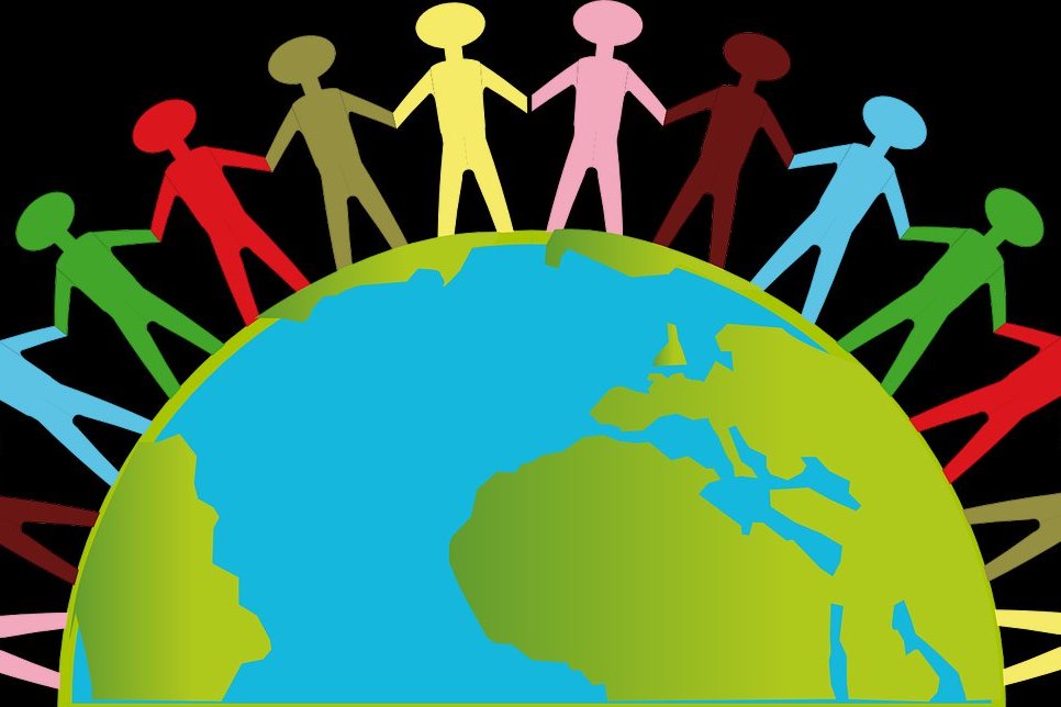 stick figures holding hands on top of Earth