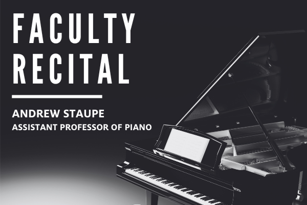 black and white photo of grand piano with text that reads ''Faculty Recital'' in all caps