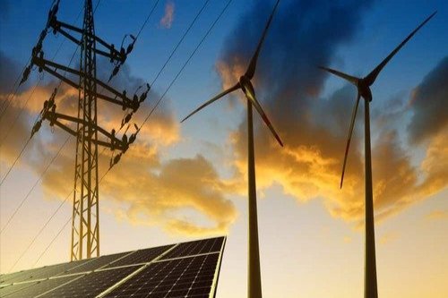 Image of solar panels and wind turbines. 