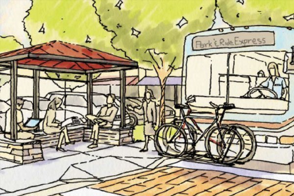 A drawing of a bus stop with bicycles.