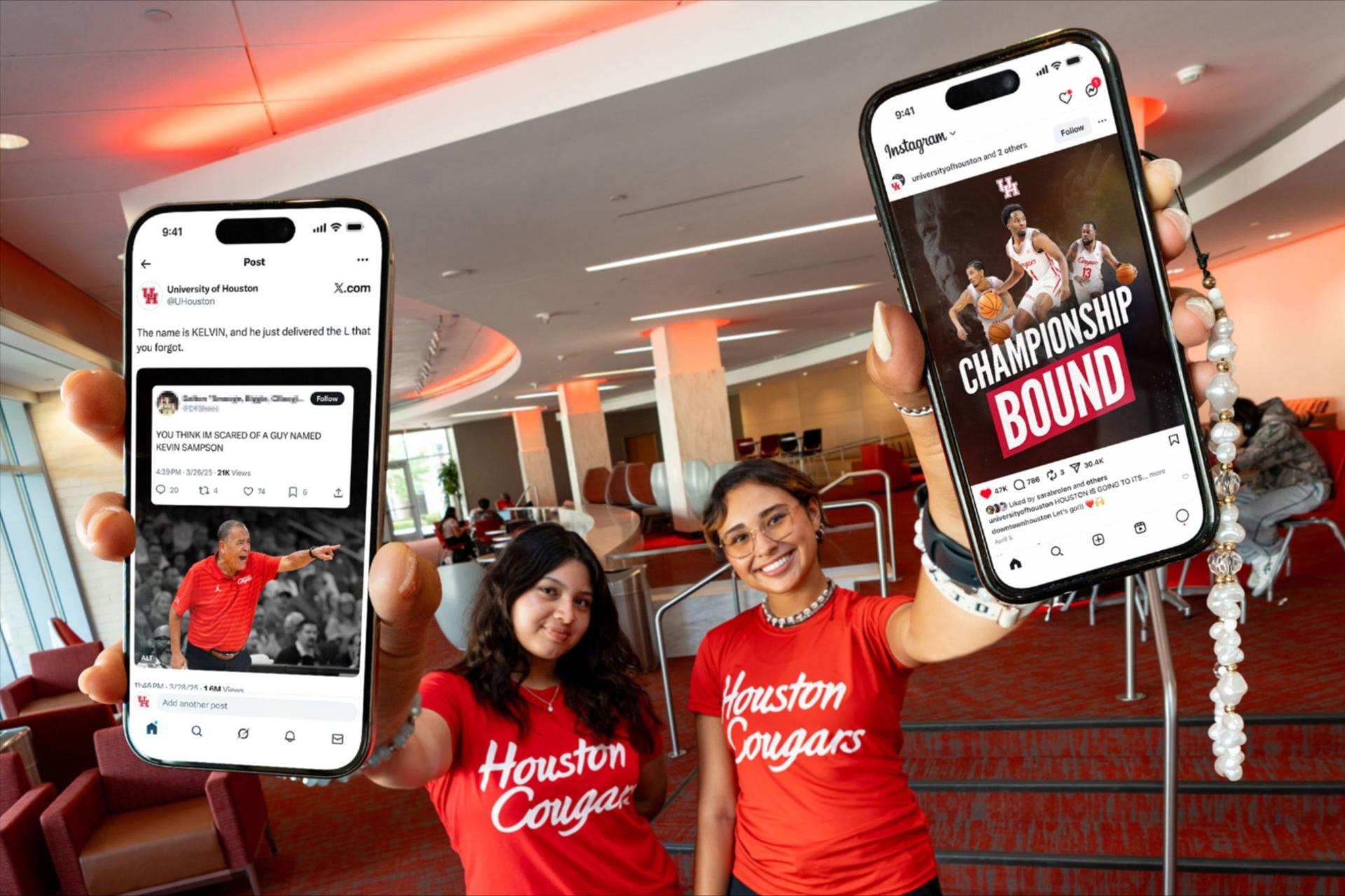Two women holding up their phones on UH's social media.