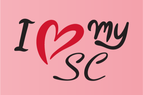 A pink background with black and red text that says  I heart my SC.