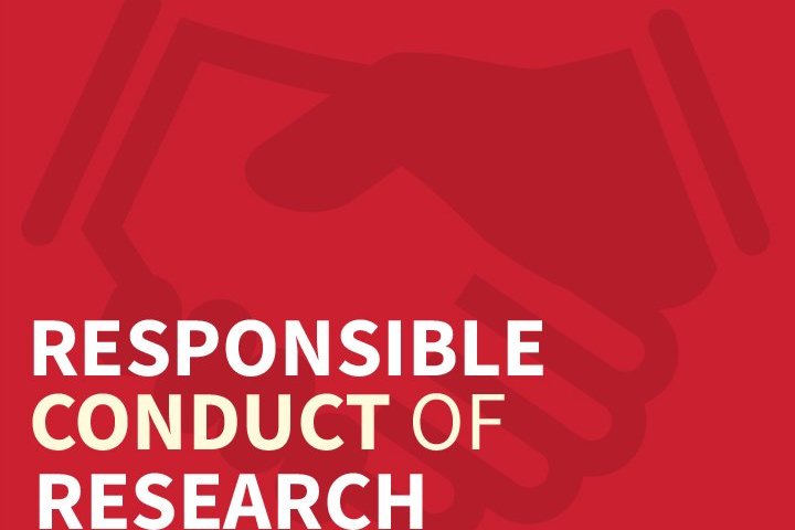 A red background of shaking hands with text that says Responsible Conduct of Research