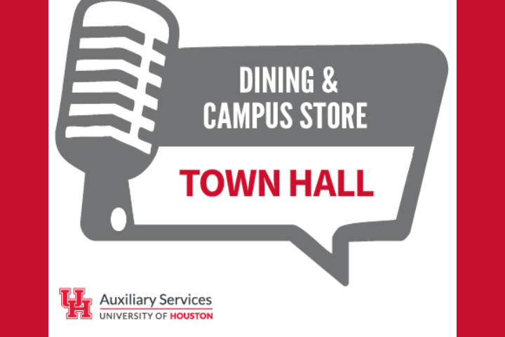 Flyer for dining and campus store town hall. Shows microphone and chat bubble. 