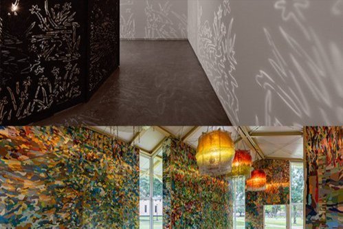 Two rooms filled with art work.