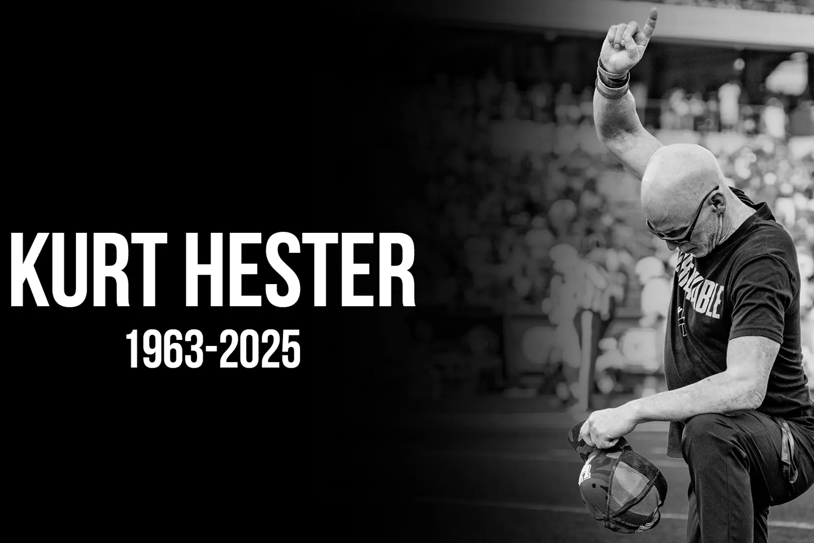 B&W graphic with a photo of Kurt Hester on the right and the words Kurt Hester 1963-2025 on the left