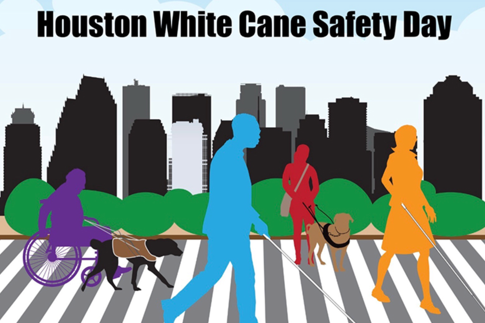 A group of people with dogs crossing a street and holding white canes.