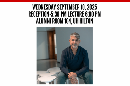 A man sitting on a stool with a white background and black text sharing event details.