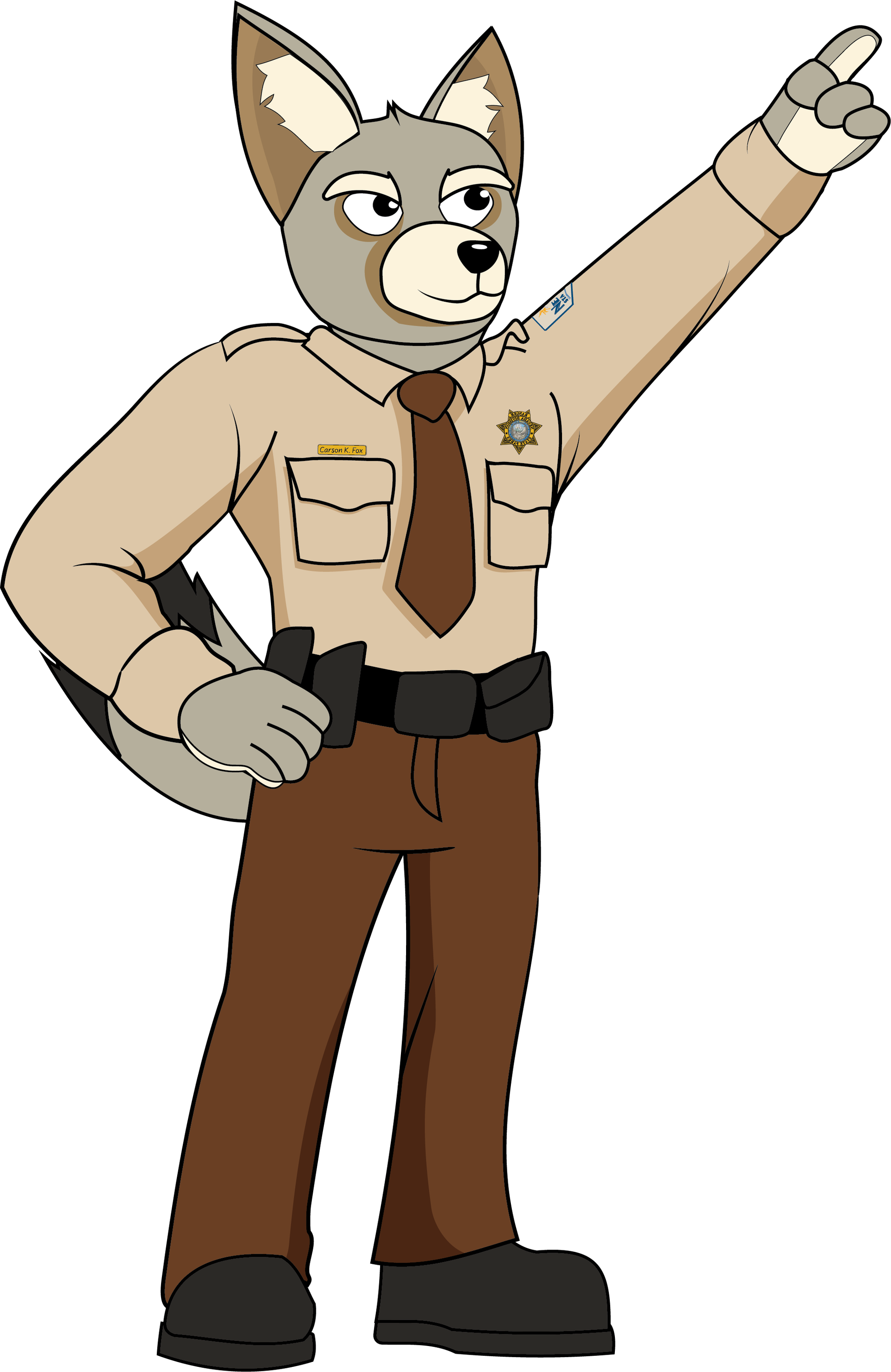 a cartoon of a fox, Carson Kit Fox, wearing a ranger uniform, pointing upwards