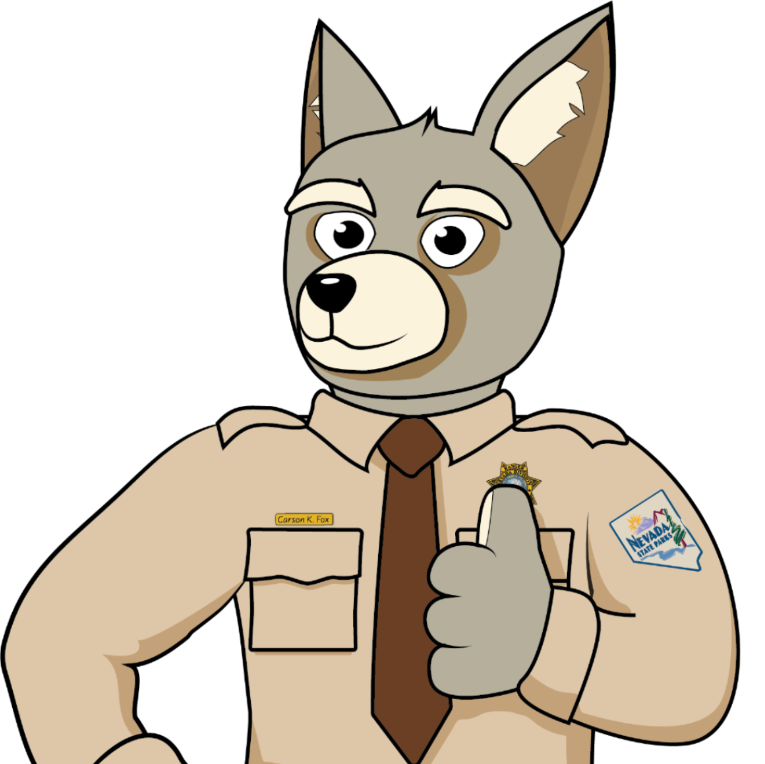 a cartoon of a fox, Carson Kit Fox, wearing a ranger uniform with his thumbs up