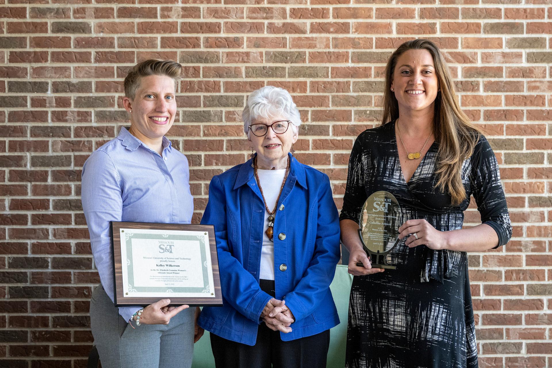 S&T's first Women of the Year, Dr. Elizabeth Cummins, center, poses for a photo with 2023 awardees Dr. Kelley Wilkerson, left, and Dr. Catherine Johnson