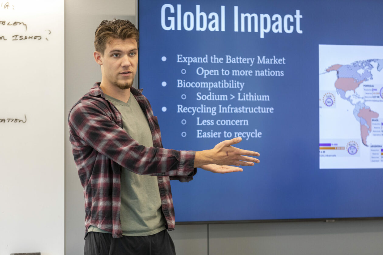 Noah Johnson won first place in S&T’s first Micro Grand Challenge in April. He proposed sodium rather than lithium-ion batteries to store wind and solar power. Photo by Sam Wright, Missouri S&T.