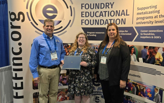 Katelyn Kiser, center, recently won a national scholarship from the Foundry Educational Foundation (FEF). She is shown here with Brian Lewis, left, FEF’s executive director, and Dr. Laura Bartlett, S&T’s Robert V. Wolf Associate Professor of metallurgical engineering and FEF Key Professor of metalcasting technology. Photo courtesy of Bartlett.