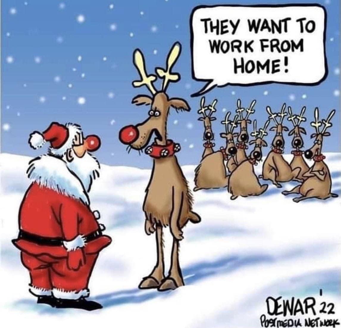 Cartoon of Rudolph telling Santa that the other reindeer want to work from home.