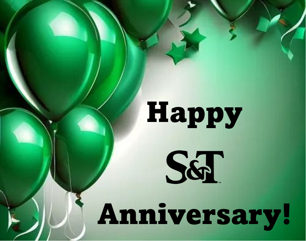 Happy S&T Anniversary with green balloons and ribbons