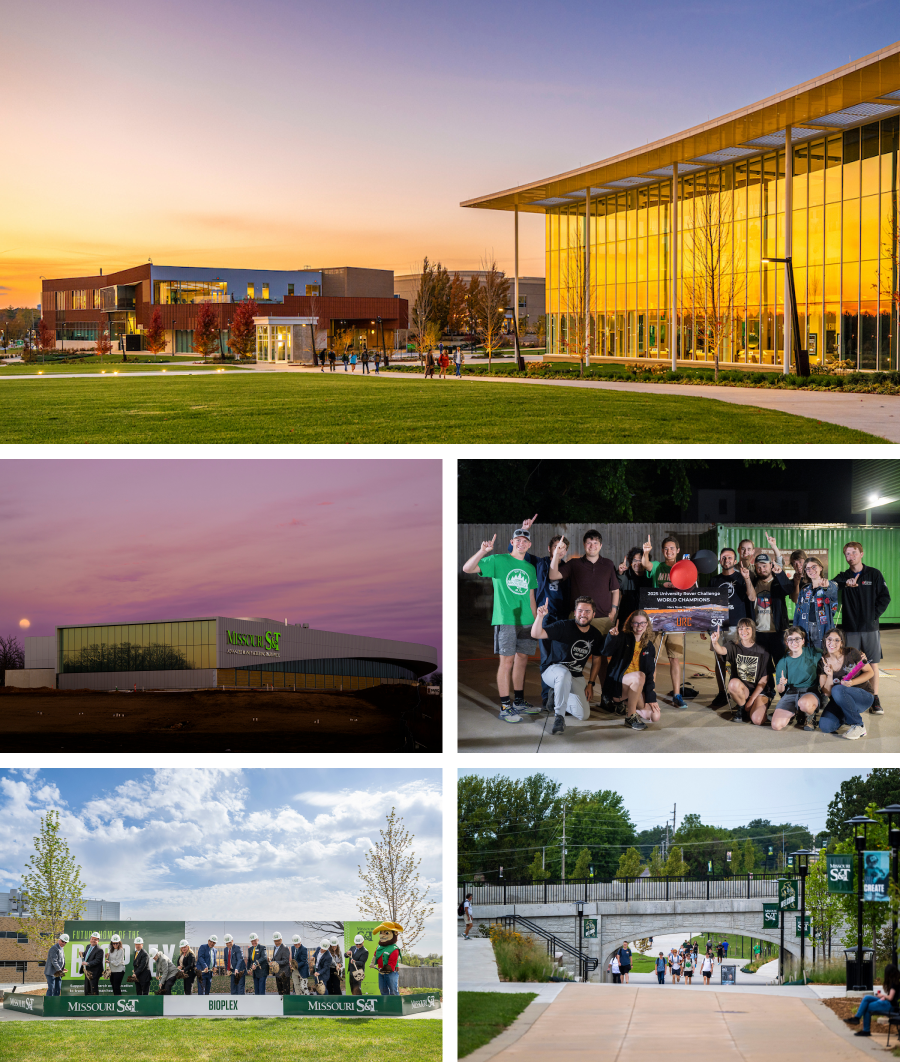 campus buildings, protoplex, mars rover team, bioplex ground breaking and a student and faculty member in a chemistry lab