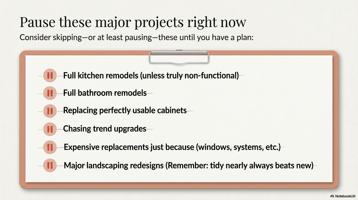 “Slide highlighting common major projects to pause before selling, such as full kitchen or bathroom remodels, and focusing instead on smart preparation for downsizing homeowners.” “Slide highlighting common major projects to pause before selling, such as full kitchen or bathroom remodels, and focusing instead on smart preparation for downsizing homeowners.”