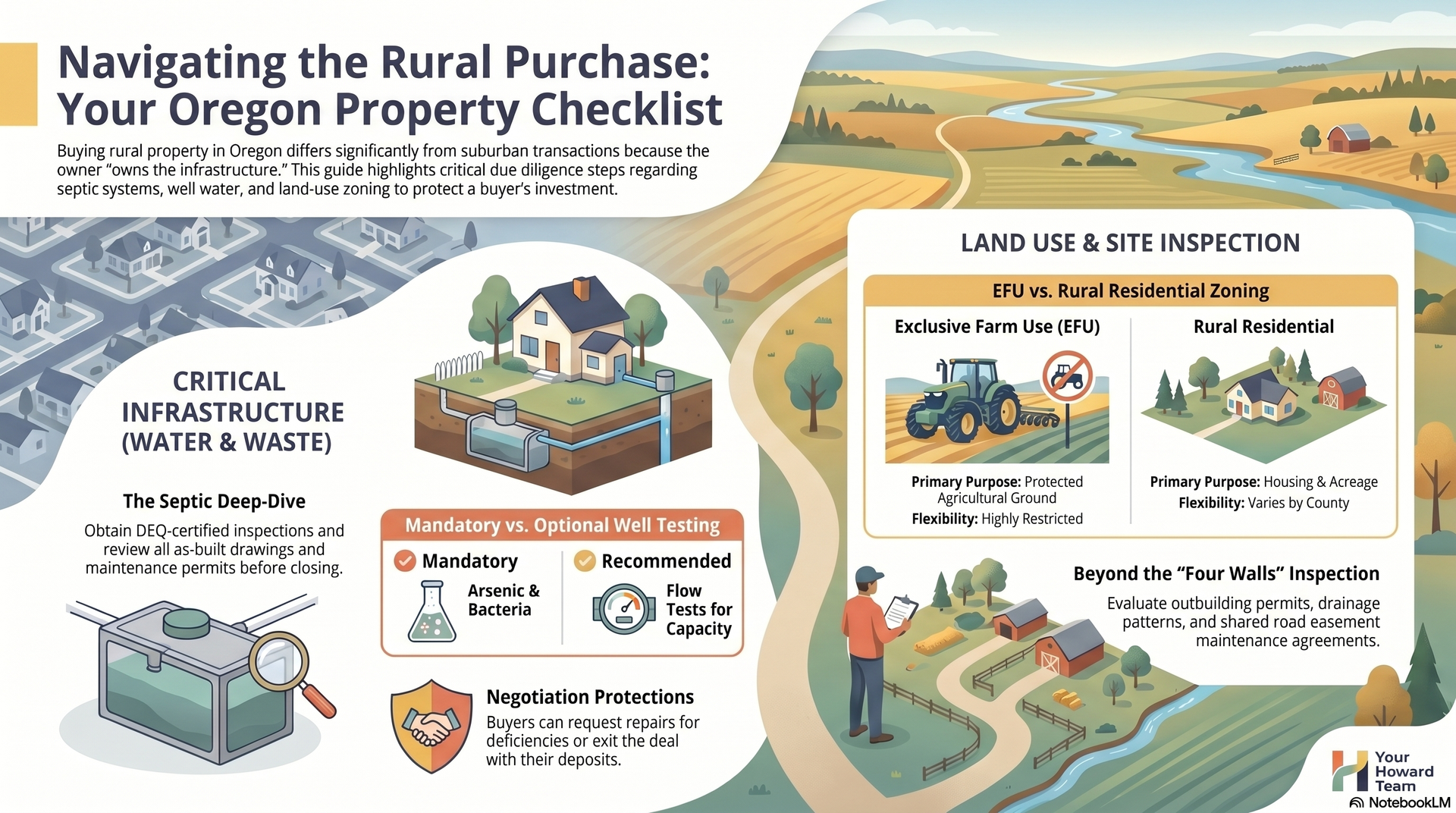 Infographic summarizing Oregon rural home buyer checklist covering septic system inspections, mandatory and optional well water testing, EFU versus rural residential zoning, and beyond the four walls inspection requirements Infographic summarizing Oregon rural home buyer checklist covering septic system inspections, mandatory and optional well water testing, EFU versus rural residential zoning, and beyond the four walls inspection requirements