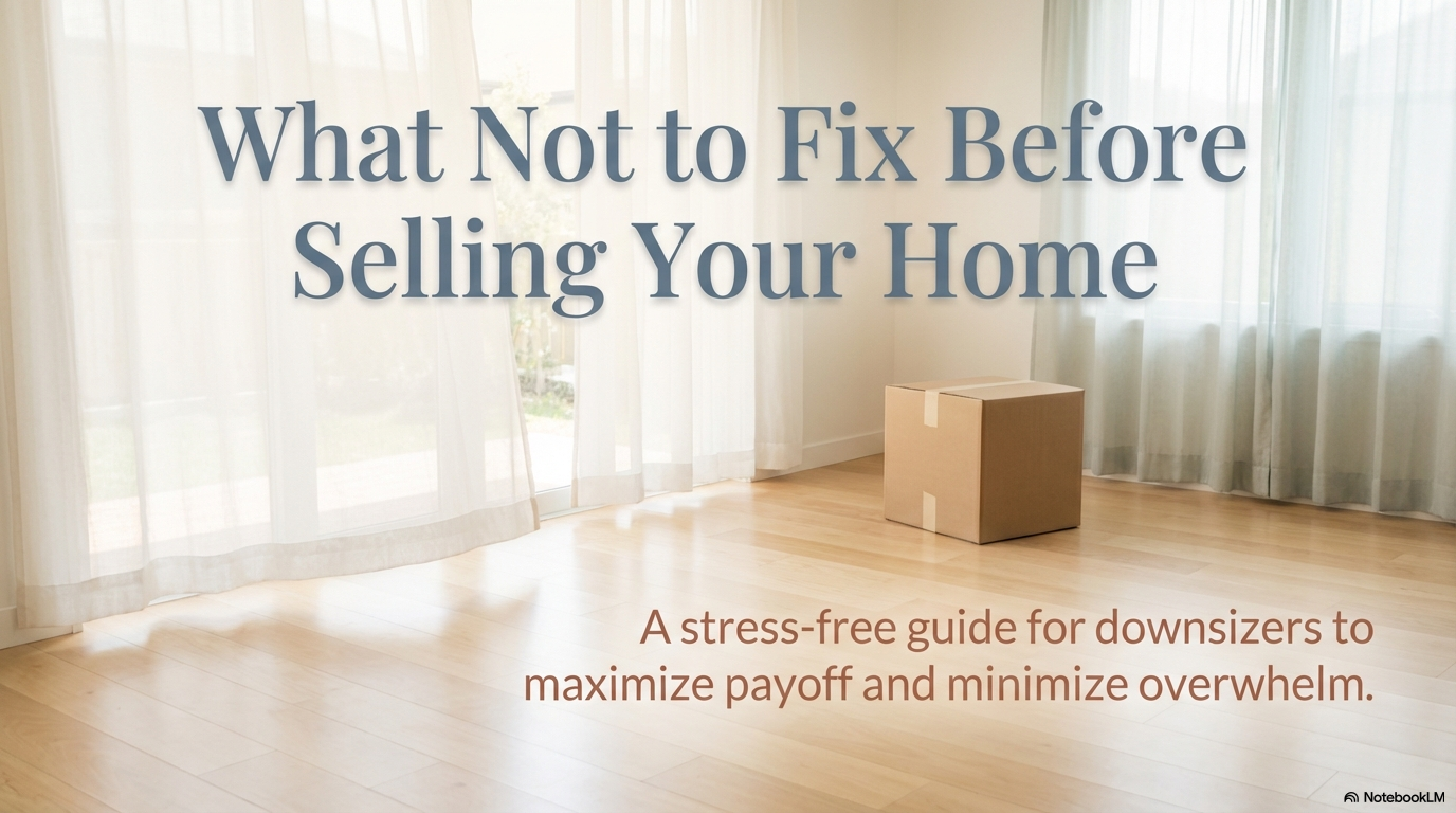 “Cover slide for Smart Selling for Downsizers, introducing a guide on what to fix and what not to fix before selling a home, with a focus on reducing overwhelm for downsizing homeowners.” “Cover slide for Smart Selling for Downsizers, introducing a guide on what to fix and what not to fix before selling a home, with a focus on reducing overwhelm for downsizing homeowners.”