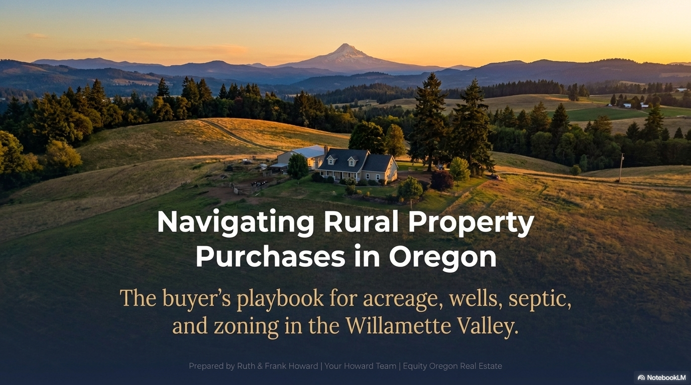 Aerial view of a rural home on acreage in the Willamette Valley, Oregon at sunset with Mount Hood in the background Aerial view of a rural home on acreage in the Willamette Valley, Oregon at sunset with Mount Hood in the background