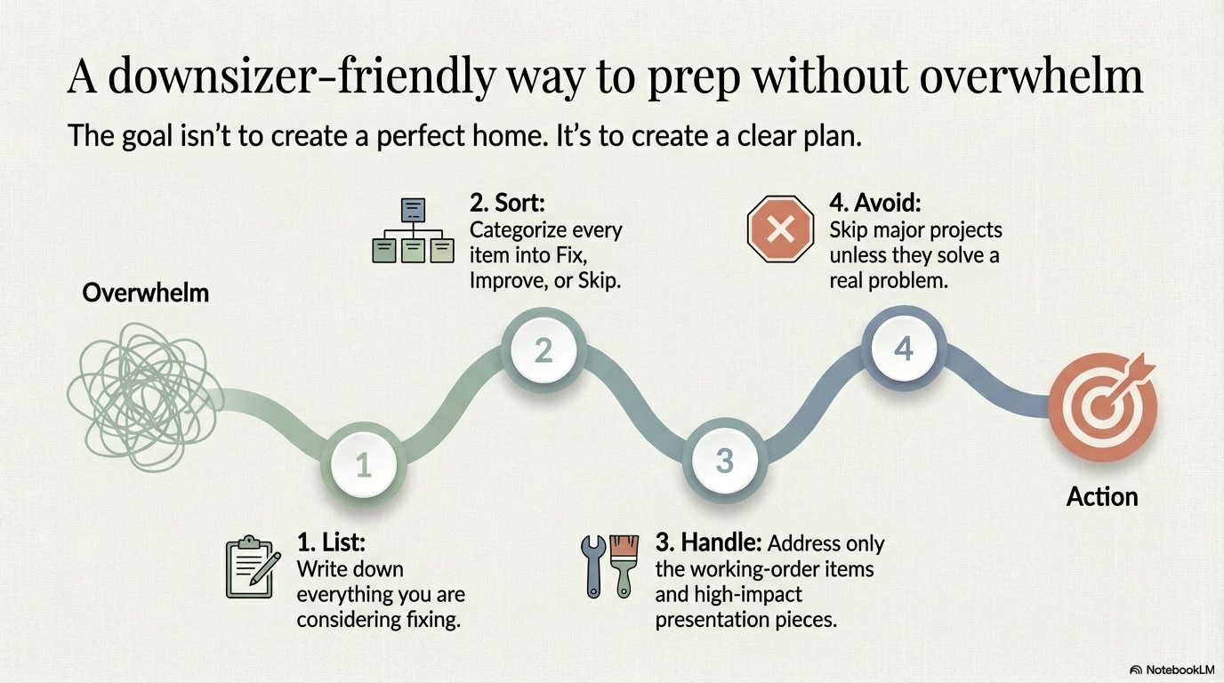 “Slide outlining a simple home-selling prep plan for downsizers: list projects, sort them into fix, improve, or skip, and focus on high-impact items that reduce buyer worry.” “Slide outlining a simple home-selling prep plan for downsizers: list projects, sort them into fix, improve, or skip, and focus on high-impact items that reduce buyer worry.”